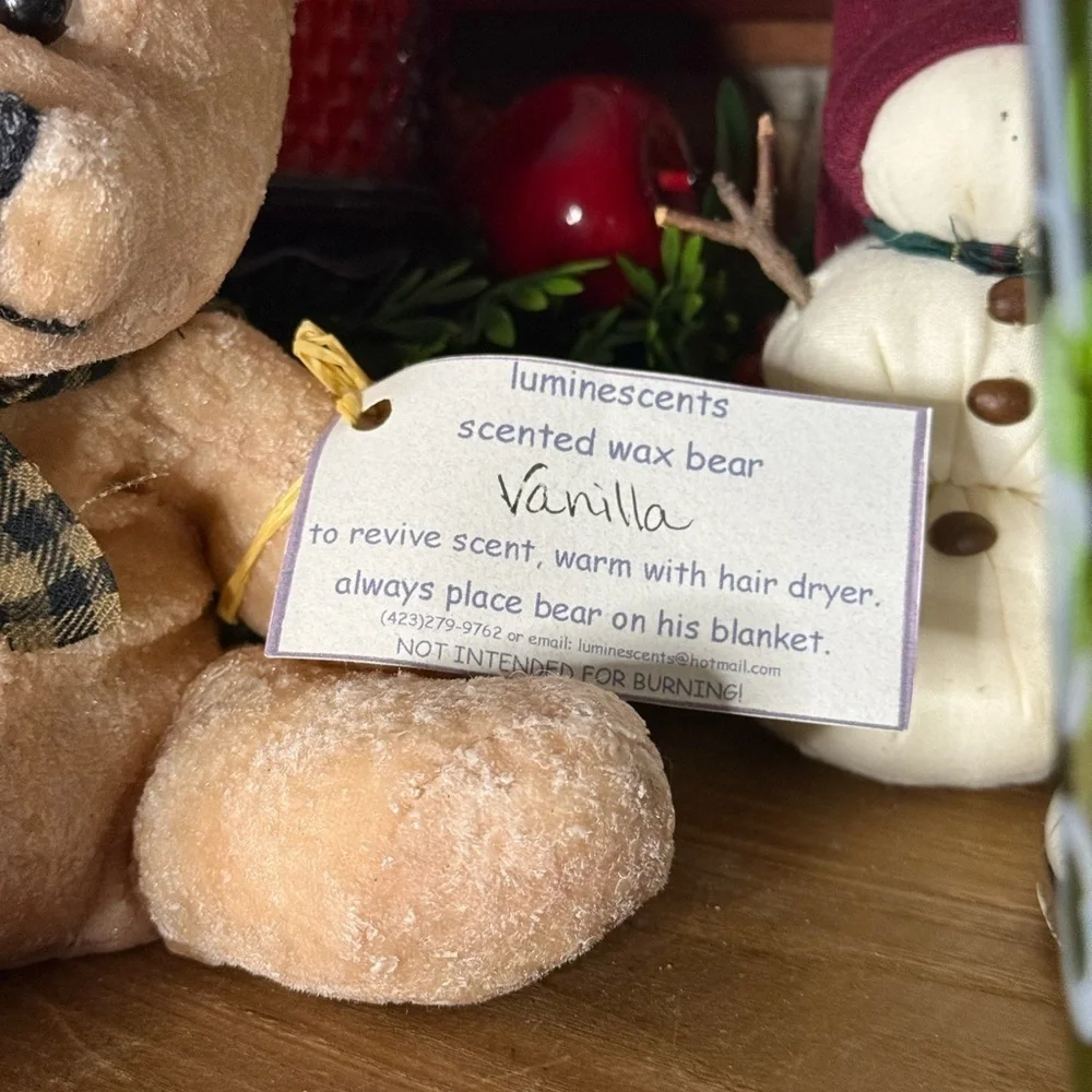 Adorable Tan Scented Vanilla Wax Teddy Bear with Plaid Bow NEW